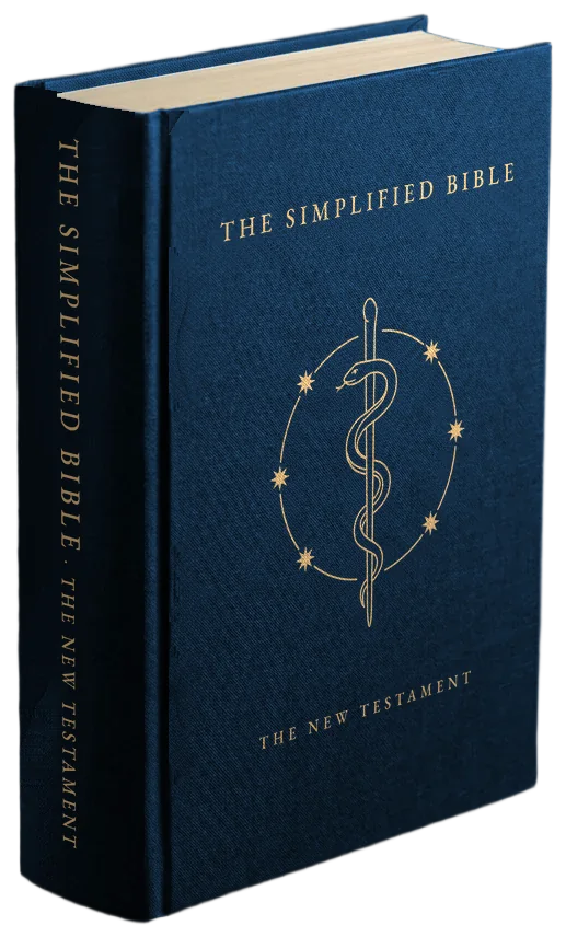 The Simplified Bible, The New Testament: a midnight-blue hardcover with the gold staff and serpent