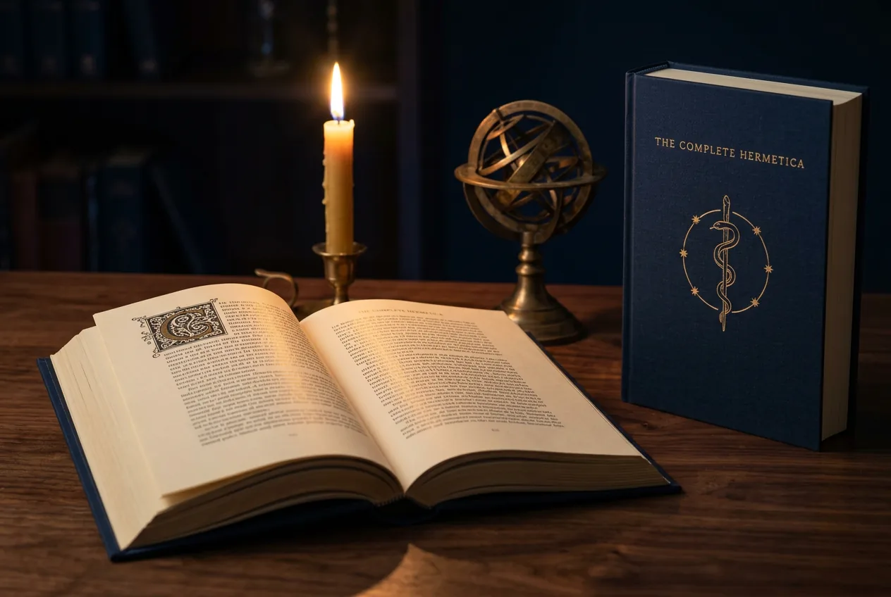 The Complete Hermetica open on a desk by candlelight, beside a second copy and a brass armillary sphere
