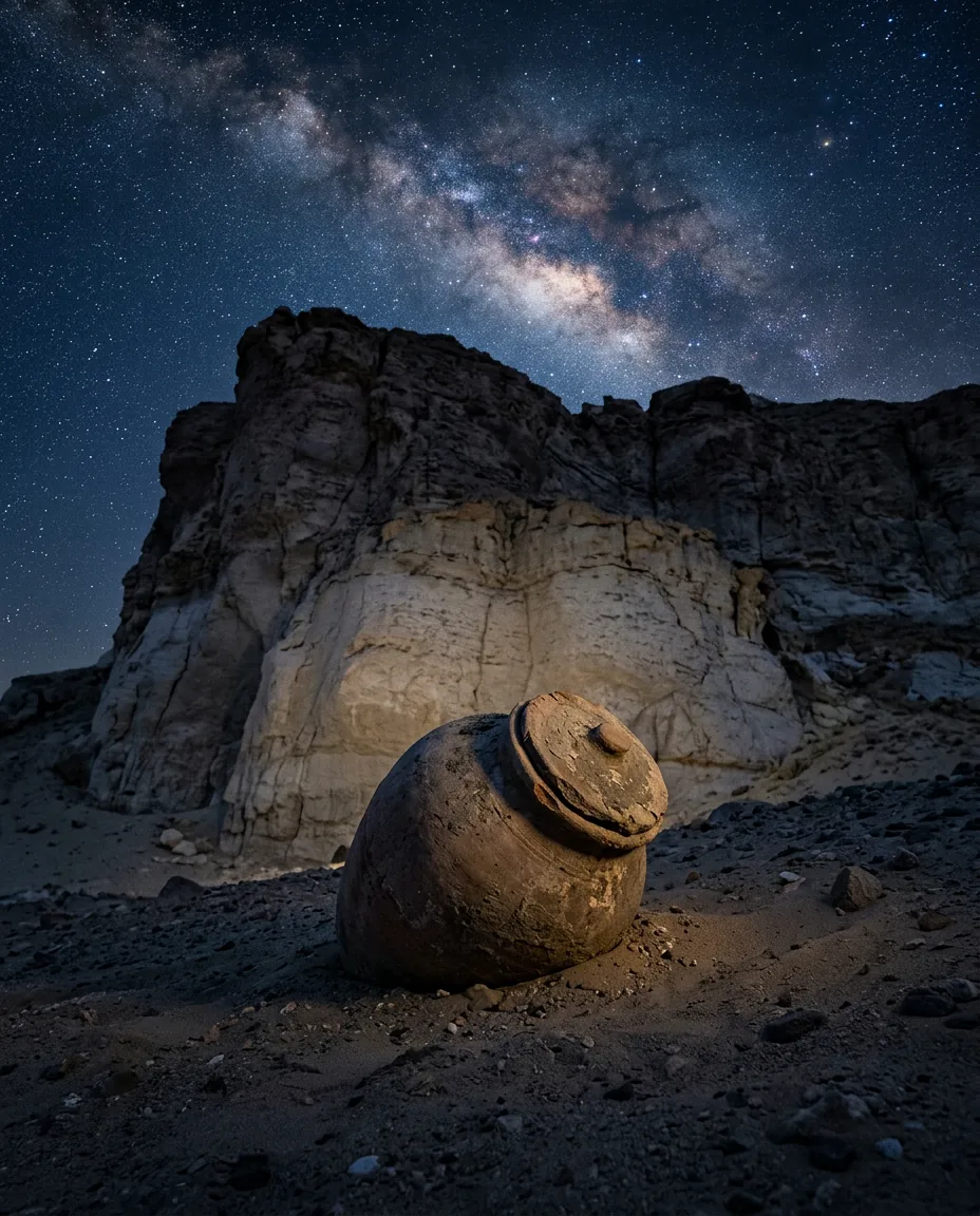 A sealed clay jar half-buried in sand at the foot of a limestone cliff, under a starry desert sky