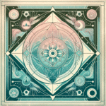 Mystical vintage-style archetypal symbols in pastel turquoise and violet.
