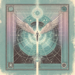 Minimalist astral projection symbol with spiritual motifs in pastel turquoise and violet