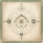 Minimalist vintage Ayahuasca symbol with pastel green and earthy brown geometry