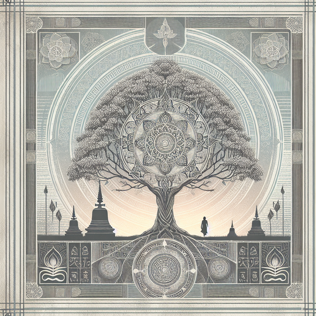 Vintage engraving-style Bodhi Tree with geometric mandalas in silver-gray