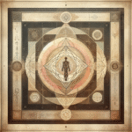 Square vintage minimalist illustration with central geometric symbol on sepia parchment.