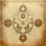 Sepia minimalist spiritual illustration with central symbol and unreadable glyphs.