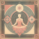 Symbolic meditative figure with sacred geometry in pastel rose and saffron