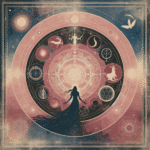 Minimalist vintage-style mystical engraving in pastel crimson and midnight blue with wings and legendary creatures