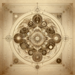 Sepia mystical vintage illustration with central symbol and sacred geometry.