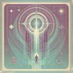 Minimalist vintage spiritual ascent with central geometric glow in pastel turquoise and violet
