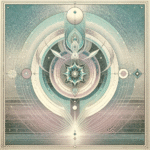 Vintage minimalist esoteric awakening illustration with symbolic light and abstract geometry in pastel turquoise and violet