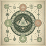 Vintage minimalist alchemy symbol with sacred geometry on faded pastel texture