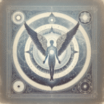 Minimalist vintage-style symbolic angels with wings, halos, and radiant light in pastel indigo and silver.