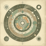 Vintage minimalist astrology illustration with central symbol and earthy green-brown tones