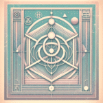 Vintage mystical Brahman symbol illustration with abstract geometry in pastel turquoise and soft violet.