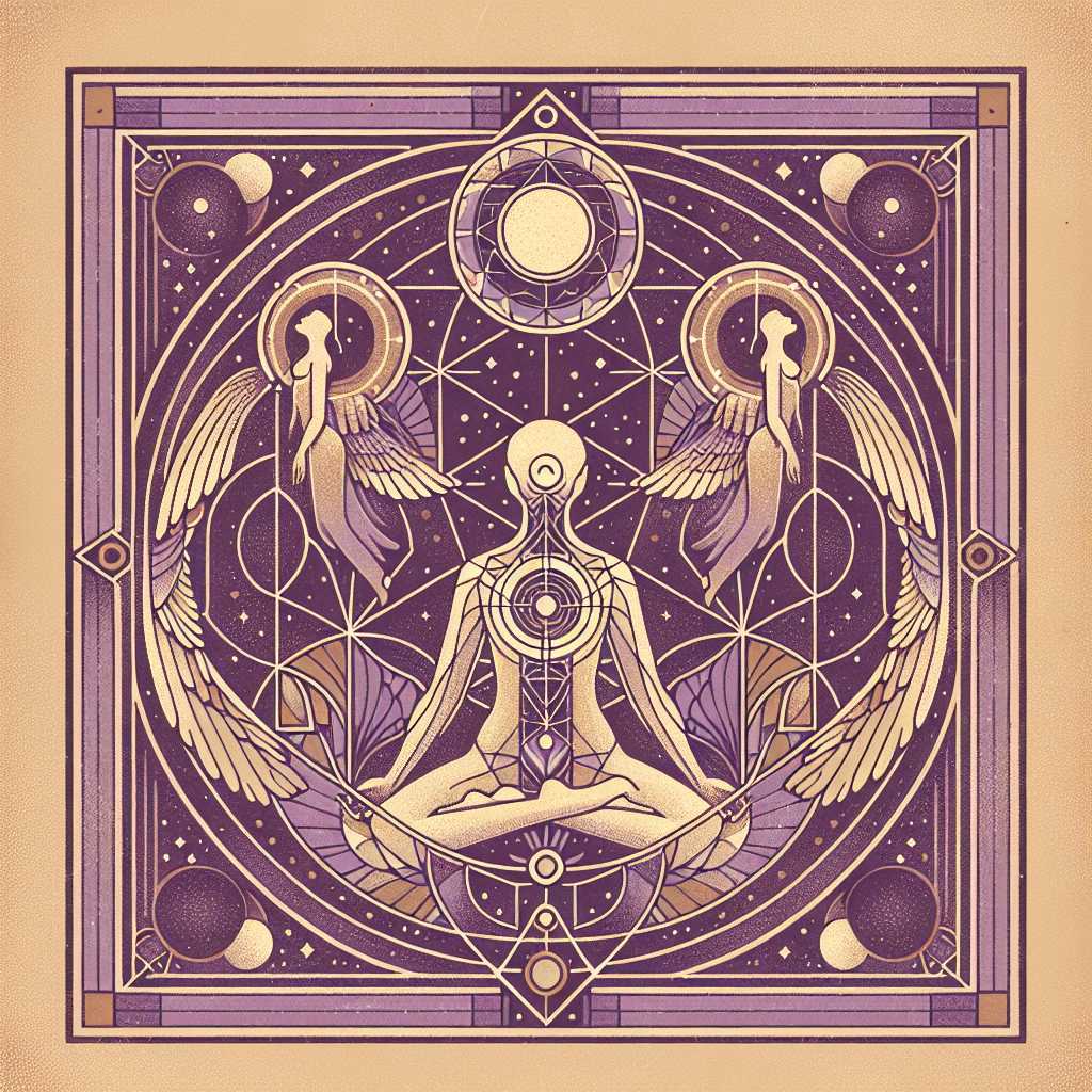Mystical minimalist breathwork illustration with lavender-amber geometry and radiant orbs.