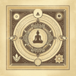 Minimalist Buddhist engraving with central symbol, muted gold on parchment beige.