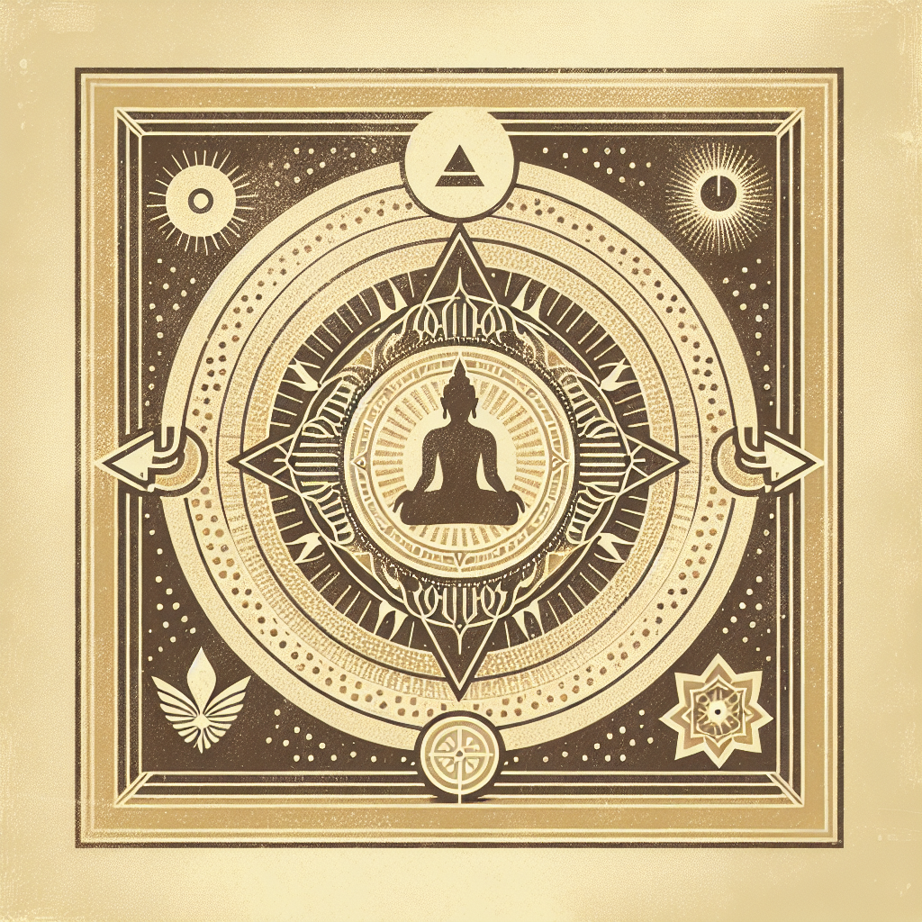 Minimalist Buddhist engraving with central symbol, muted gold on parchment beige.