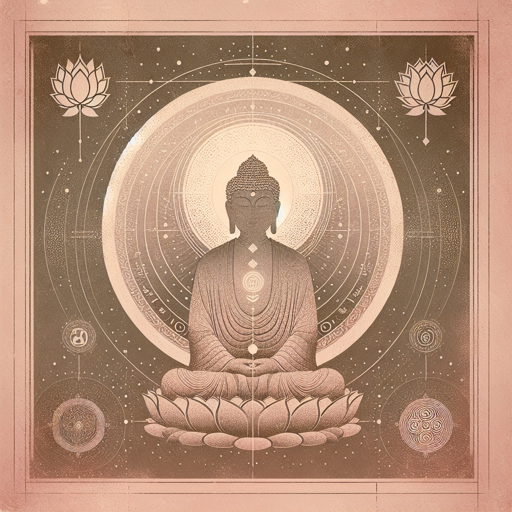 Minimalist spiritual figure illustration with lotus motifs, glowing halo, and vintage grain in warm rose and saffron.